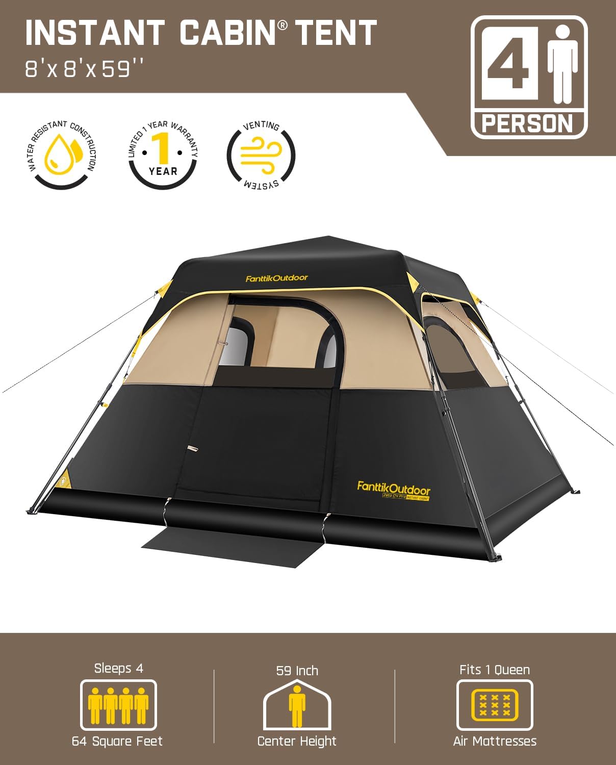 Instant Cabin Camping Tent for 4/6/8/10 People – Quick 60-Second Setup, Waterproof Rainfly, Windproof Design, and Portable Carry Bag for Family Outdoor Adventures