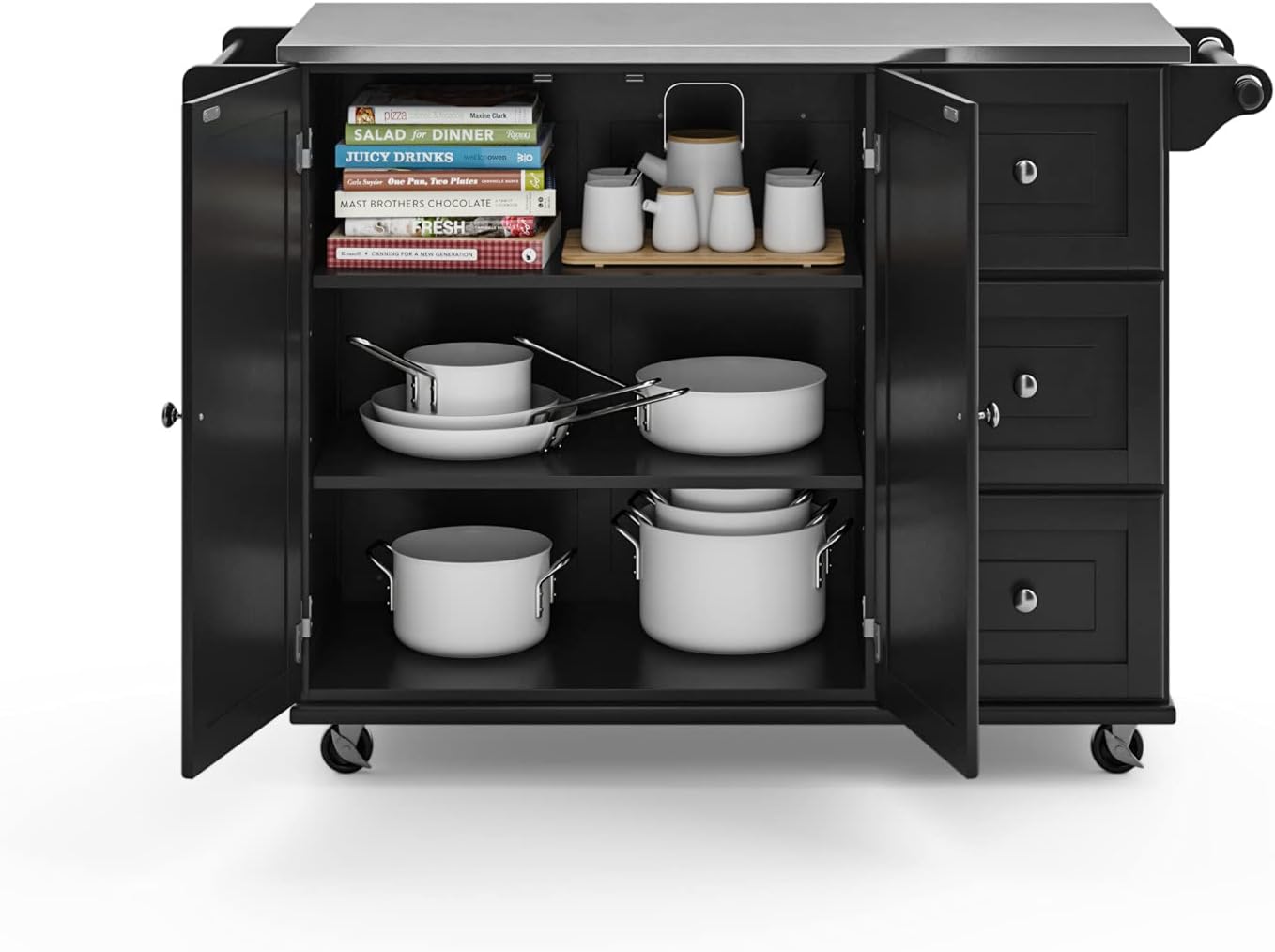 Mobile Kitchen Island Cart with Stainless Steel Top – Sage Green Finish, Rolling Storage Cabinet