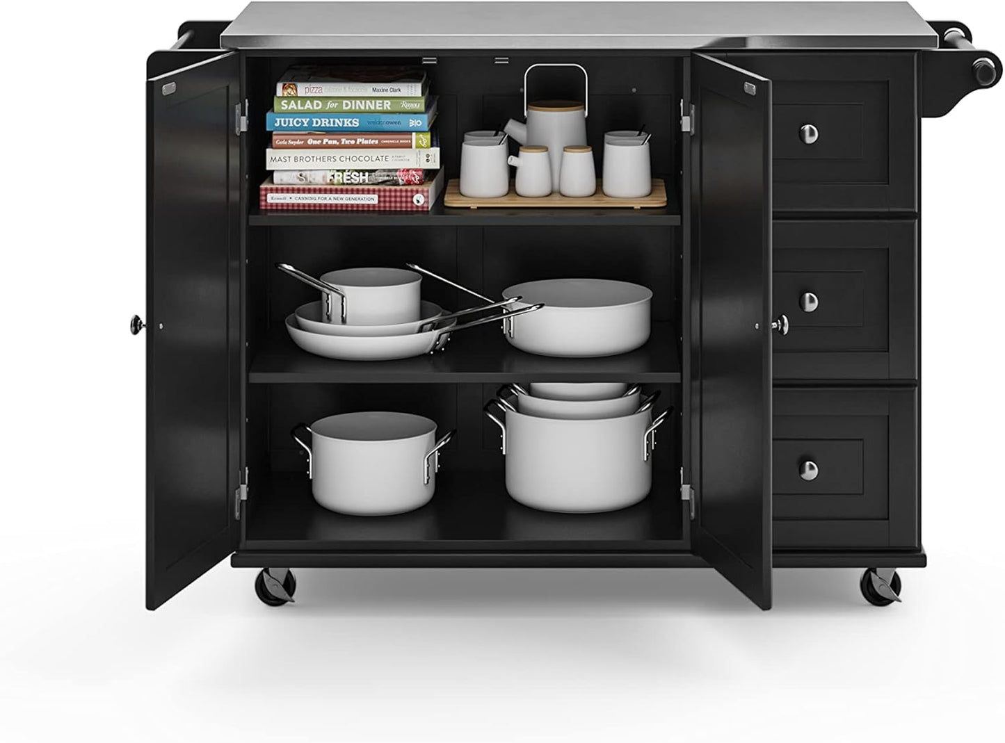 Mobile Kitchen Island Cart with Stainless Steel Top – Sage Green Finish, Rolling Storage Cabinet