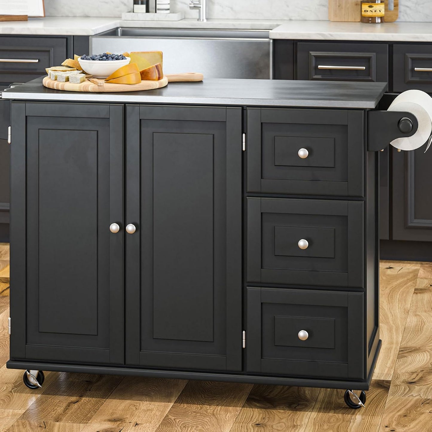 Mobile Kitchen Island Cart with Stainless Steel Top – Sage Green Finish, Rolling Storage Cabinet