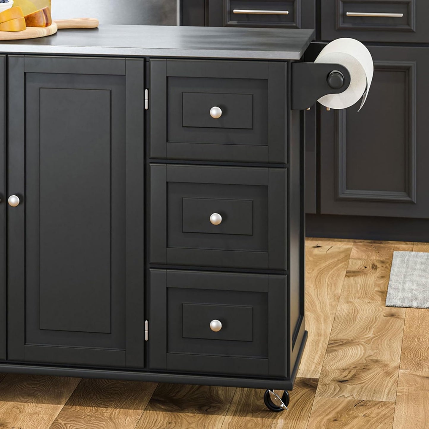 Mobile Kitchen Island Cart with Stainless Steel Top – Sage Green Finish, Rolling Storage Cabinet