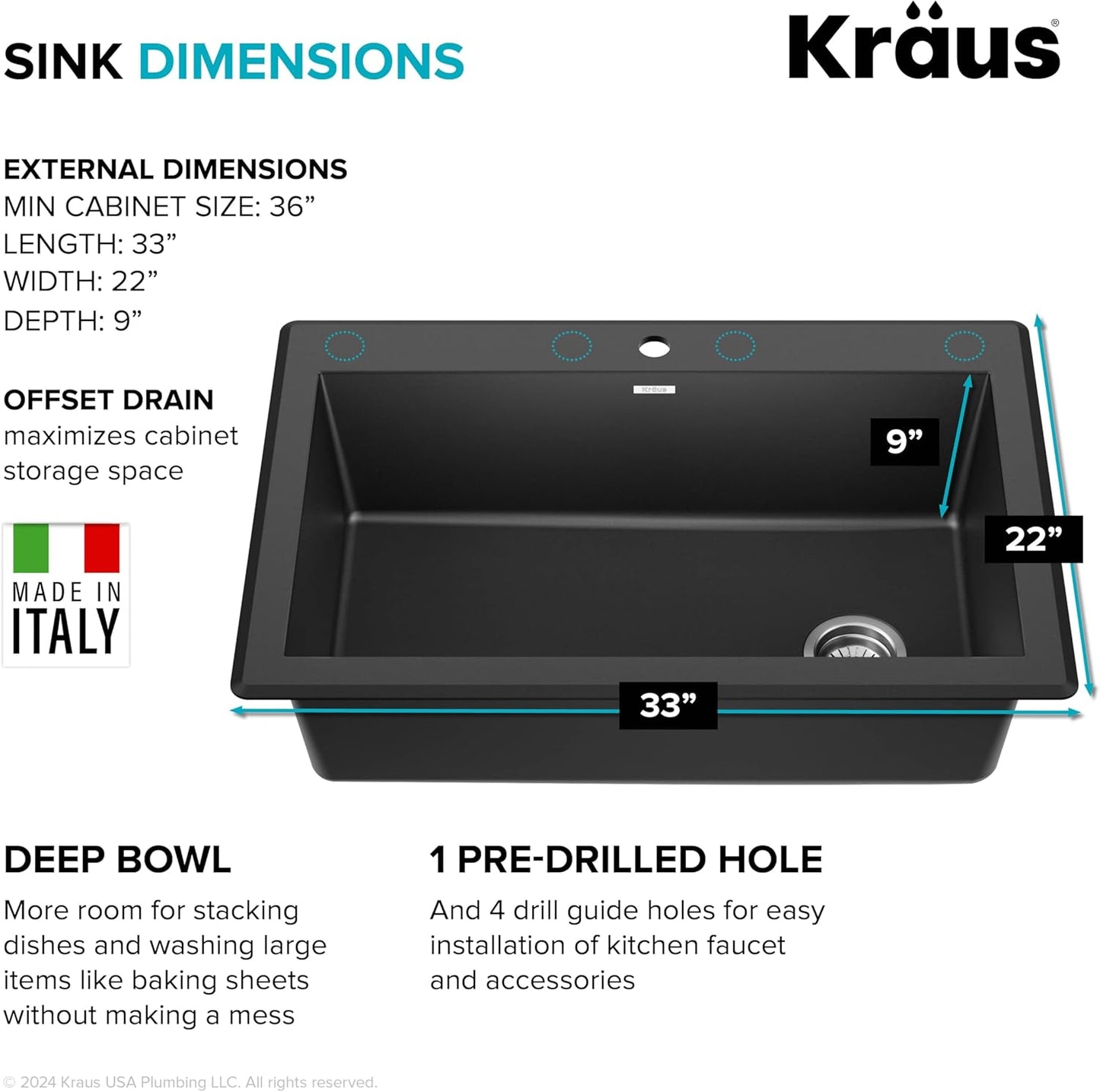 Granite Single Bowl Sink – 32" Black Undermount Design