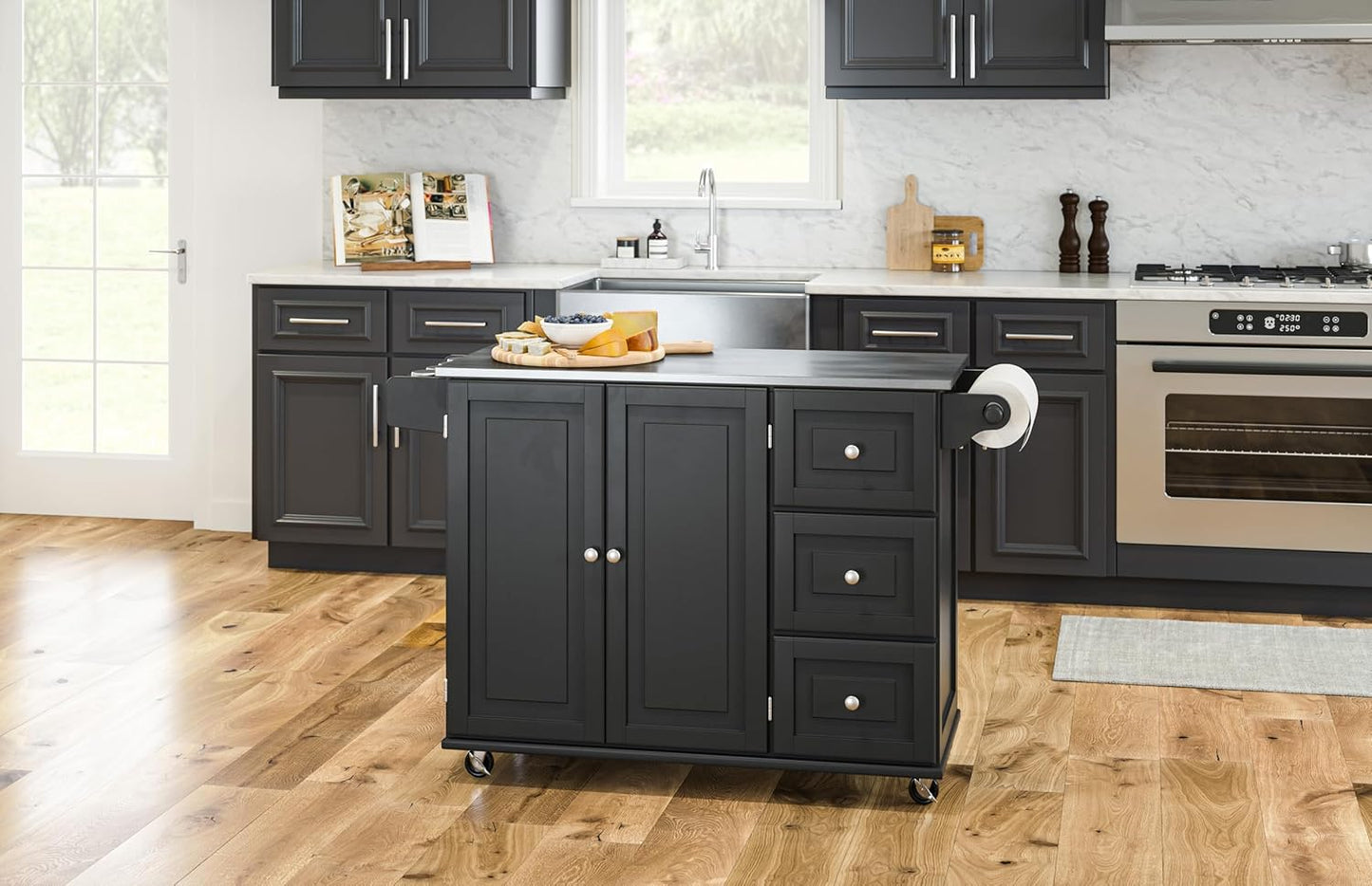 Mobile Kitchen Island Cart with Stainless Steel Top – Sage Green Finish, Rolling Storage Cabinet