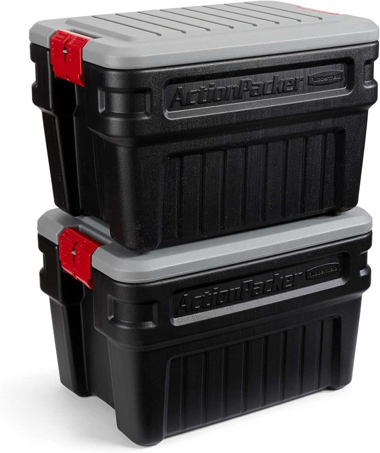 ActionPacker 35-Gallon Lockable Storage Bin with Wheels – Rugged Plastic Container for Outdoor, Camping & Truck Bed (Gray/Black)