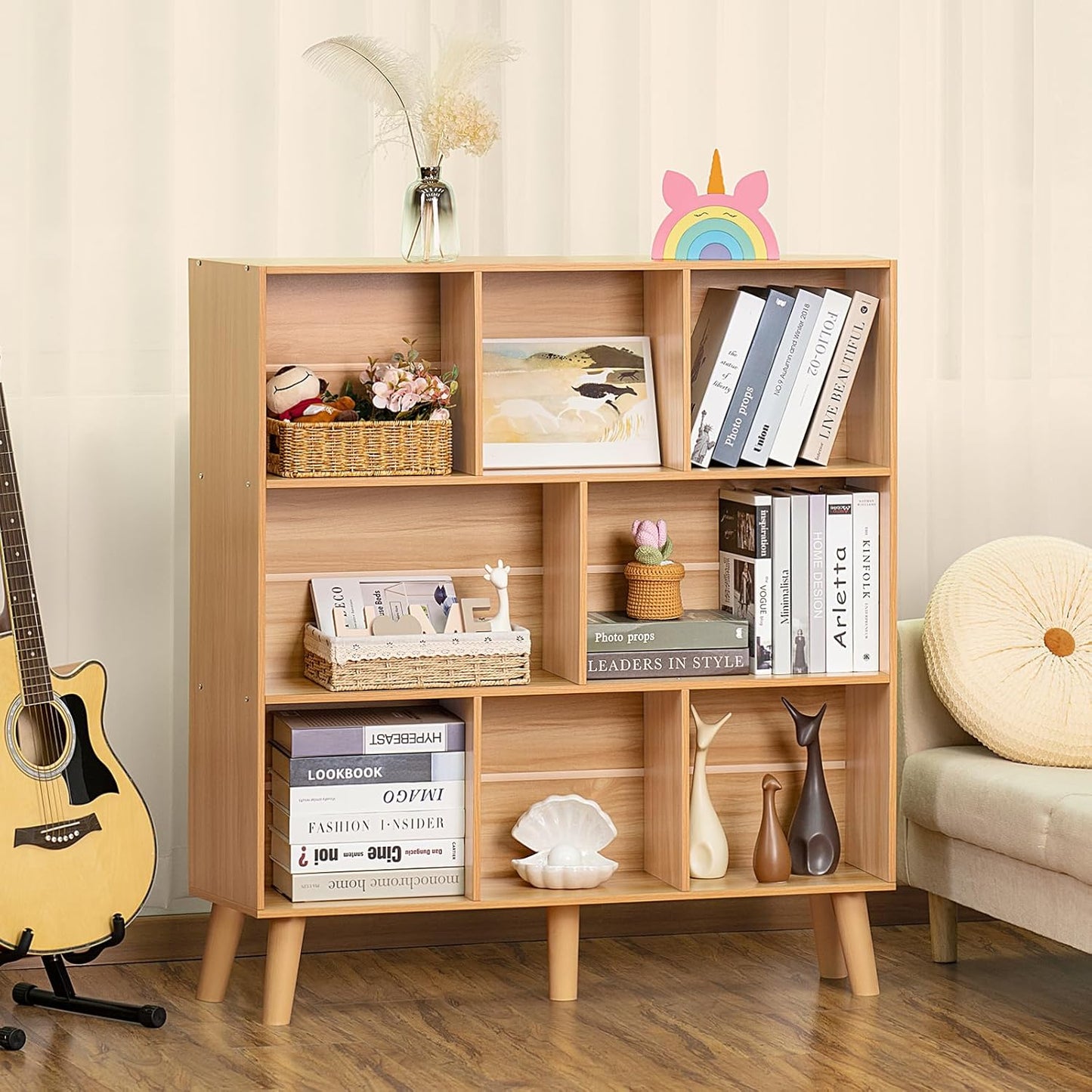 3-Tier Cube Bookshelf with Legs – Modern Boho Open Storage Organizer for Home or Office
