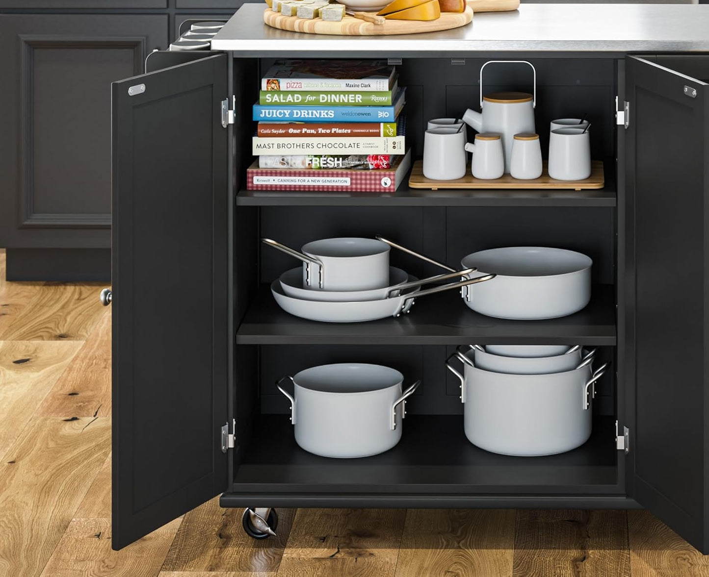 Mobile Kitchen Island Cart with Stainless Steel Top – Sage Green Finish, Rolling Storage Cabinet