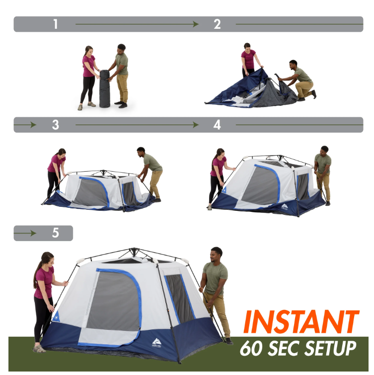Ozark Trail 8' x 7' 4-Person Instant Cabin Tent with LED Lighted Hub, 19 lbs