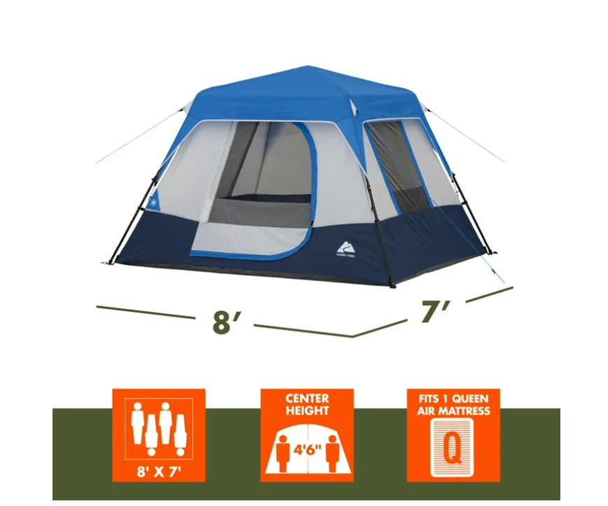 Ozark Trail 8' x 7' 4-Person Instant Cabin Tent with LED Lighted Hub, 19 lbs