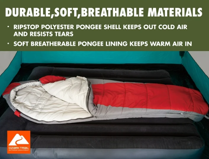 (2 pack) Ozark Trail 10-Degree Cold Weather Mummy Sleeping Bag with Soft Liner, Red, 85"x33"