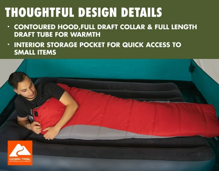(2 pack) Ozark Trail 10-Degree Cold Weather Mummy Sleeping Bag with Soft Liner, Red, 85"x33"
