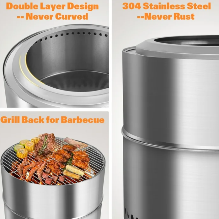 19 Inch Smokeless Fire Pit, 304 Stainless Steel Fire Pit with Carry Bag, Portable Smokeless Fire Pit with Removable Ash Pan, Wood Burning Fire Pits for Camping Backyard Patio Garden Picnic