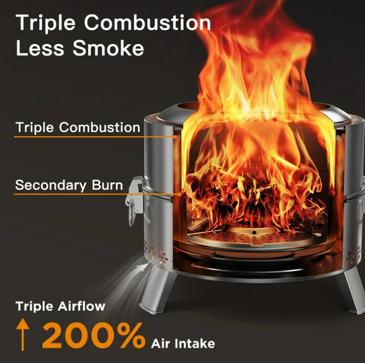 19" Smokeless Fire Pit for Outside, Stainless Steel Wood Burning Fire Pit with Foldable Legs, Grill, Poker, Carry Bag