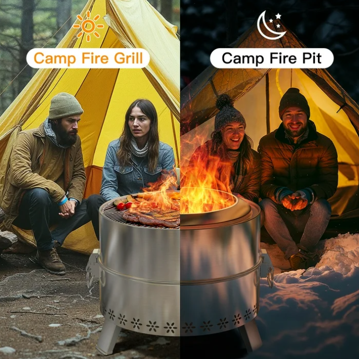 19" Smokeless Fire Pit for Outside, Stainless Steel Wood Burning Fire Pit with Foldable Legs, Grill, Poker, Carry Bag