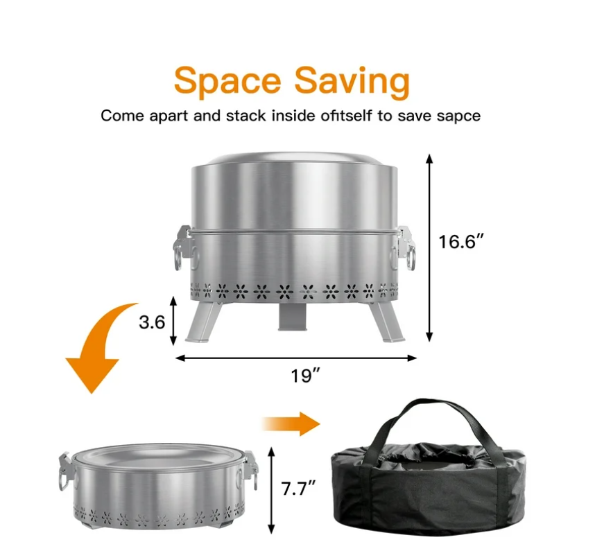 19" Smokeless Fire Pit for Outside, Stainless Steel Wood Burning Fire Pit with Foldable Legs, Grill, Poker, Carry Bag