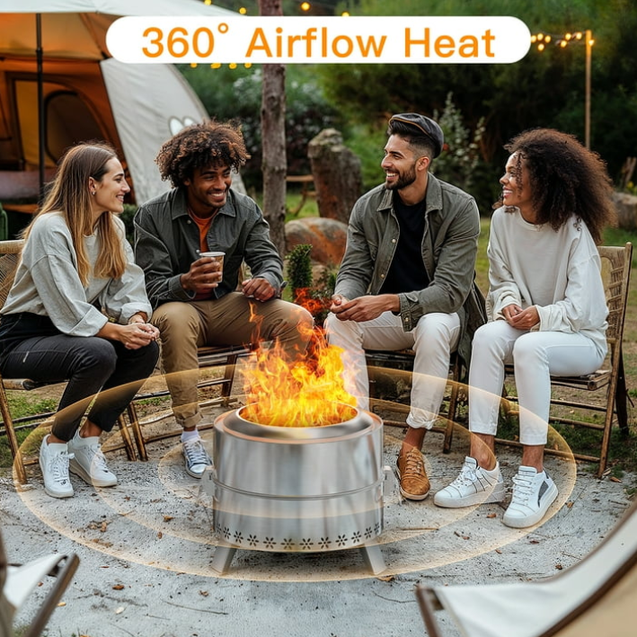 19" Smokeless Fire Pit for Outside, Stainless Steel Wood Burning Fire Pit with Foldable Legs, Grill, Poker, Carry Bag