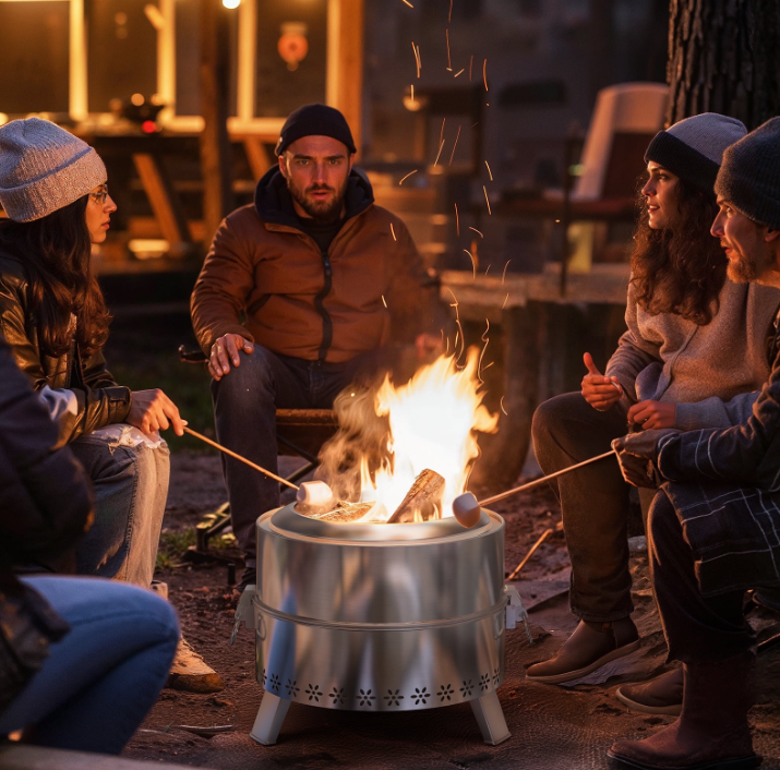 19" Smokeless Fire Pit for Outside, Stainless Steel Wood Burning Fire Pit with Foldable Legs, Grill, Poker, Carry Bag