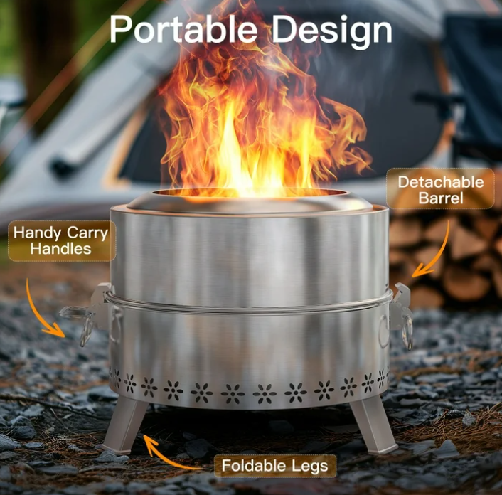 19" Smokeless Fire Pit for Outside, Stainless Steel Wood Burning Fire Pit with Foldable Legs, Grill, Poker, Carry Bag