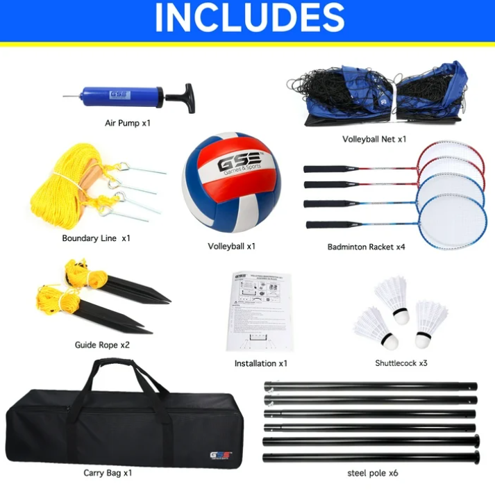 GSE Games & Sports Expert Recreational Portable Badminton Volleyball Net Combo Set. Including Net,Volleyball,4 Badminton Rackets, 3 Birds and Carry Bag for Park,Backyard,Lawn