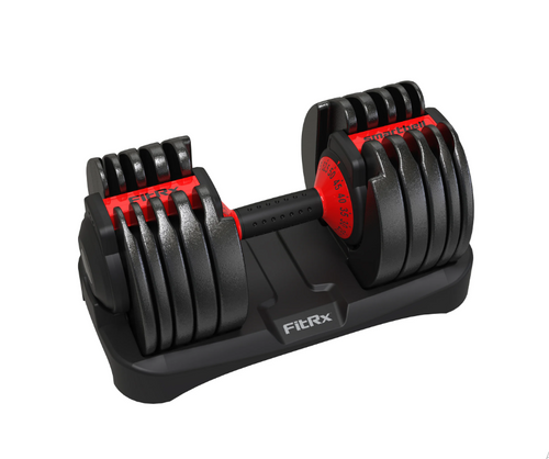FitRx SmartBell, Quick-Select Adjustable Dumbbell for Home Gym, 5-52.5 lbs. Weight, Black, Single