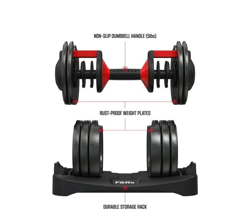 FitRx SmartBell, Quick-Select Adjustable Dumbbell for Home Gym, 5-52.5 lbs. Weight, Black, Single