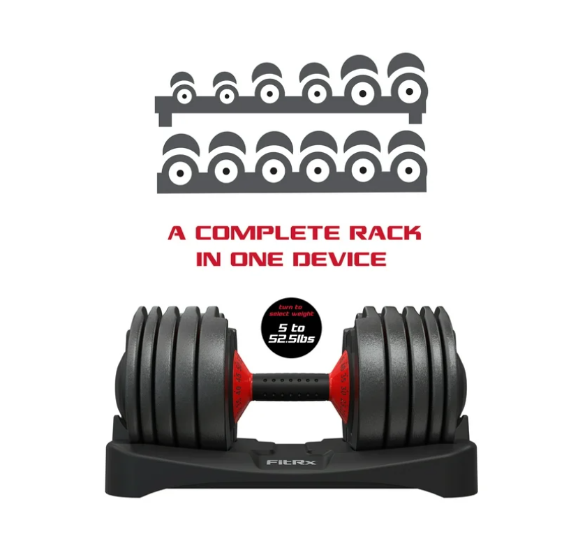 FitRx SmartBell, Quick-Select Adjustable Dumbbell for Home Gym, 5-52.5 lbs. Weight, Black, Single