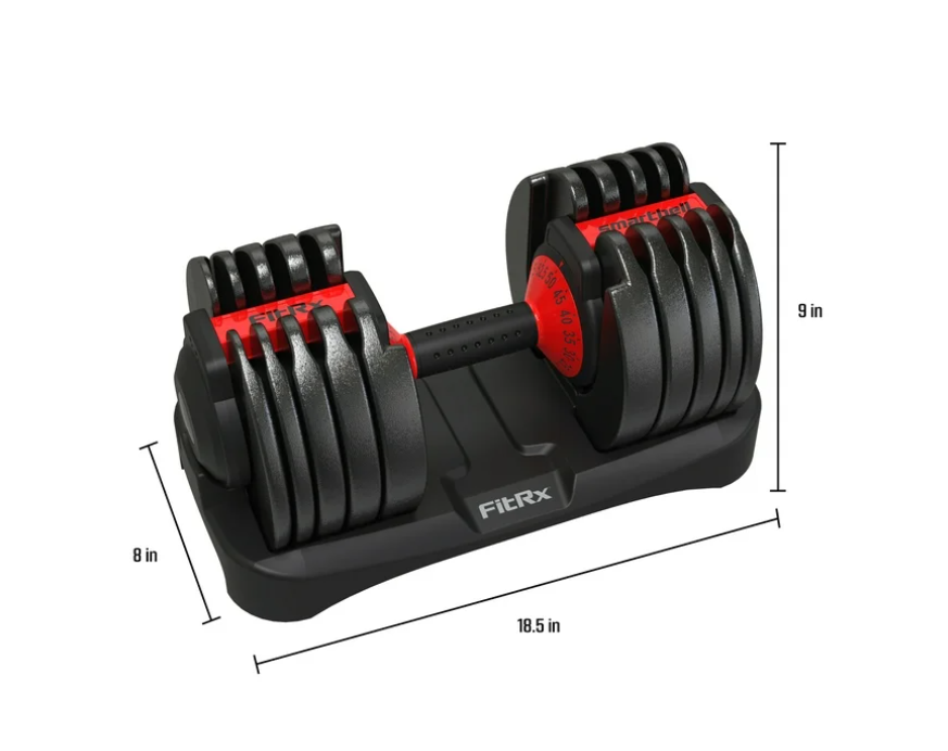 FitRx SmartBell, Quick-Select Adjustable Dumbbell for Home Gym, 5-52.5 lbs. Weight, Black, Single