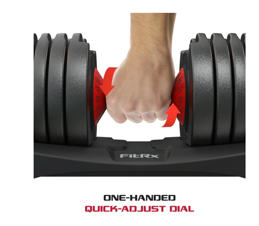FitRx SmartBell, Quick-Select Adjustable Dumbbell for Home Gym, 5-52.5 lbs. Weight, Black, Single
