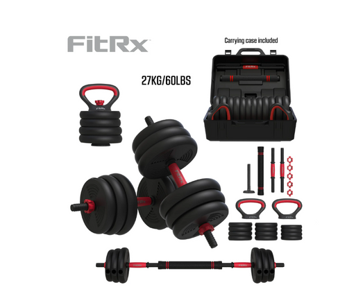 FitRx SmartBell Gym, 60 lbs. 4-in-1 Adjustable Interchangeable Dumbbell, Barbell, and Kettlebell Weight Set, Black