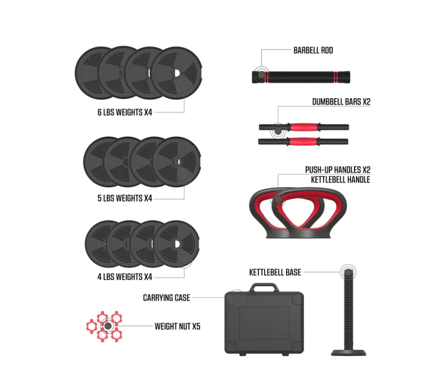 FitRx SmartBell Gym, 60 lbs. 4-in-1 Adjustable Interchangeable Dumbbell, Barbell, and Kettlebell Weight Set, Black
