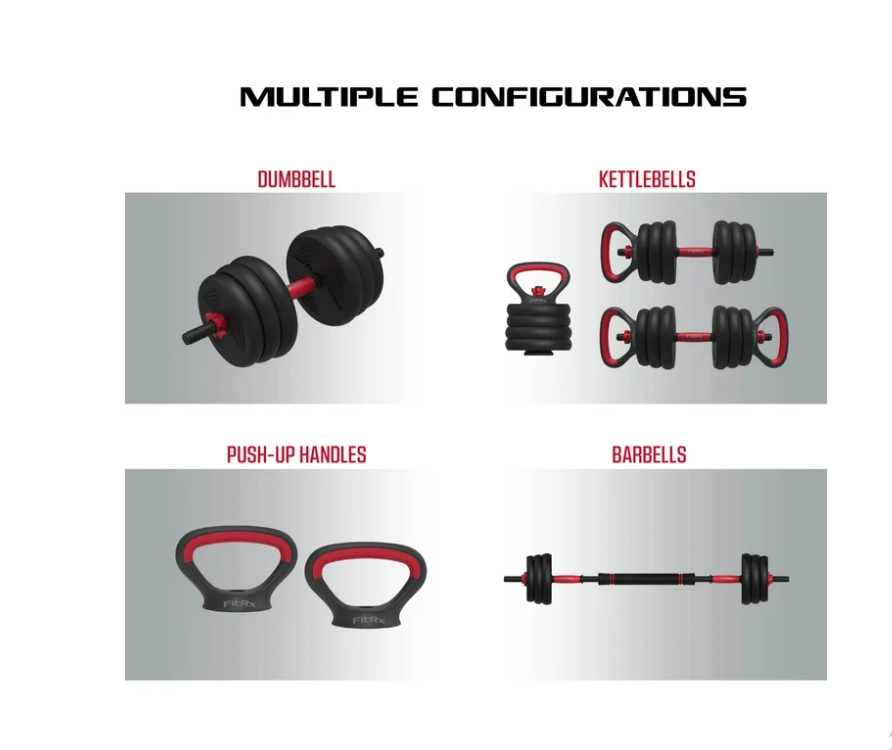 FitRx SmartBell Gym, 60 lbs. 4-in-1 Adjustable Interchangeable Dumbbell, Barbell, and Kettlebell Weight Set, Black