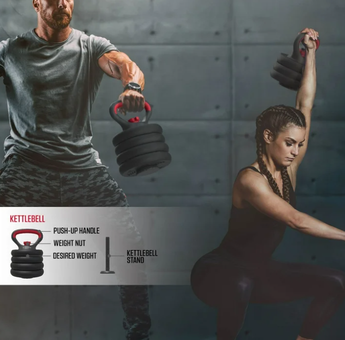 FitRx SmartBell Gym, 60 lbs. 4-in-1 Adjustable Interchangeable Dumbbell, Barbell, and Kettlebell Weight Set, Black