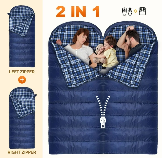 0 Degree Sleeping Bag 100% Cotton Flannel XXL for Adults 4 Season Big and Tall Cold Weather Winter Zero Degree Camping Sleeping Bag with Pillow and Compression Sack (Right Zippers))