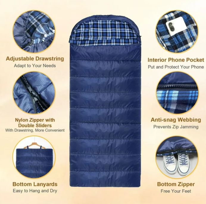 0 Degree Sleeping Bag 100% Cotton Flannel XXL for Adults 4 Season Big and Tall Cold Weather Winter Zero Degree Camping Sleeping Bag with Pillow and Compression Sack (Right Zippers))