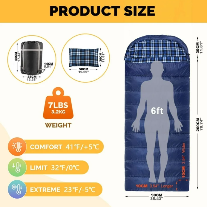 0 Degree Sleeping Bag 100% Cotton Flannel XXL for Adults 4 Season Big and Tall Cold Weather Winter Zero Degree Camping Sleeping Bag with Pillow and Compression Sack (Right Zippers))