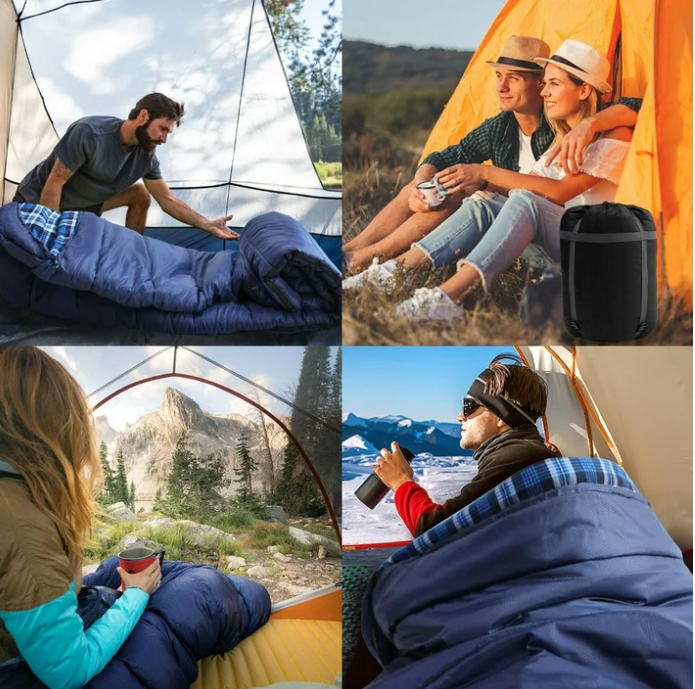 0 Degree Sleeping Bag 100% Cotton Flannel XXL for Adults 4 Season Big and Tall Cold Weather Winter Zero Degree Camping Sleeping Bag with Pillow and Compression Sack (Right Zippers))
