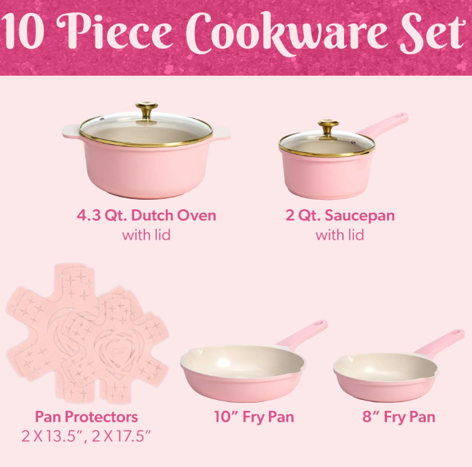 Paris Hilton Clean Ceramic Nonstick Cast Aluminum Cookware Set with Heart Shaped Lid Knobs, 10 Piece, Pink
