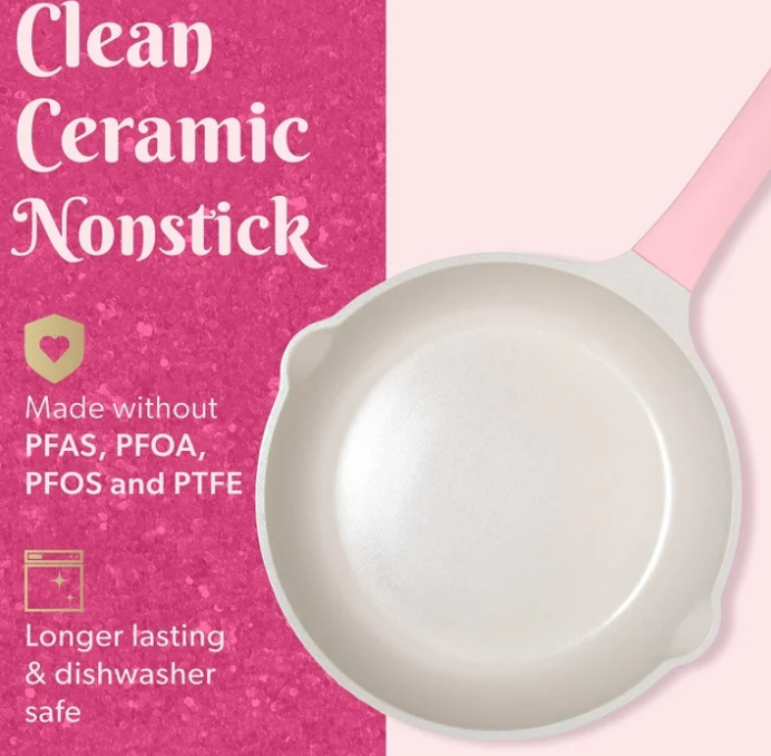 Paris Hilton Clean Ceramic Nonstick Cast Aluminum Cookware Set with Heart Shaped Lid Knobs, 10 Piece, Pink