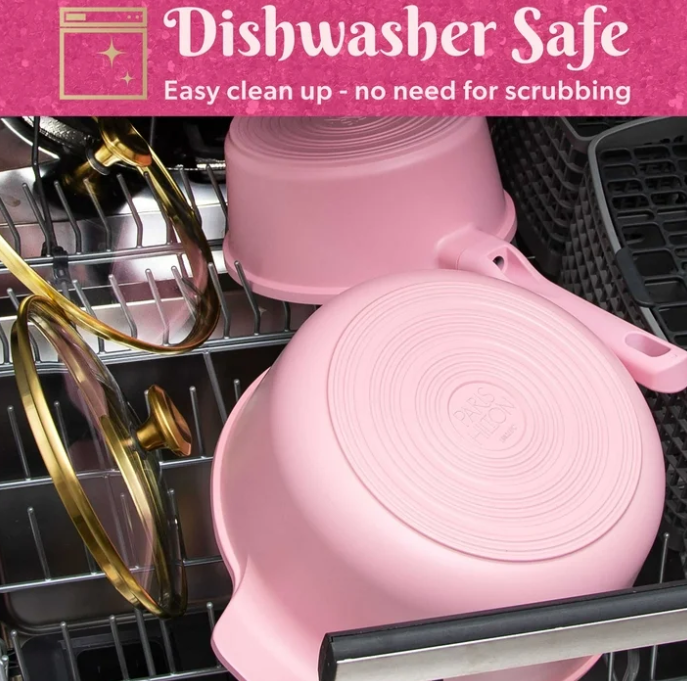 Paris Hilton Clean Ceramic Nonstick Cast Aluminum Cookware Set with Heart Shaped Lid Knobs, 10 Piece, Pink