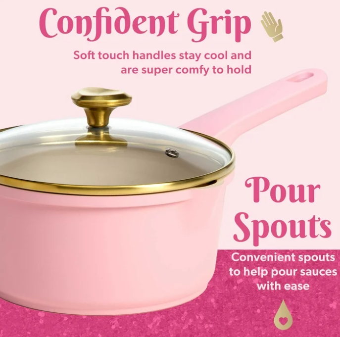 Paris Hilton Clean Ceramic Nonstick Cast Aluminum Cookware Set with Heart Shaped Lid Knobs, 10 Piece, Pink