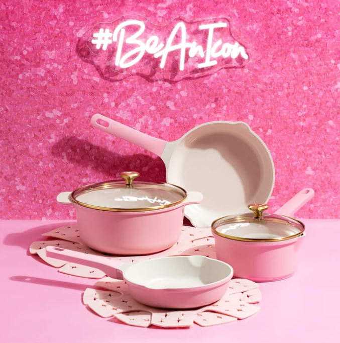 Paris Hilton Clean Ceramic Nonstick Cast Aluminum Cookware Set with Heart Shaped Lid Knobs, 10 Piece, Pink