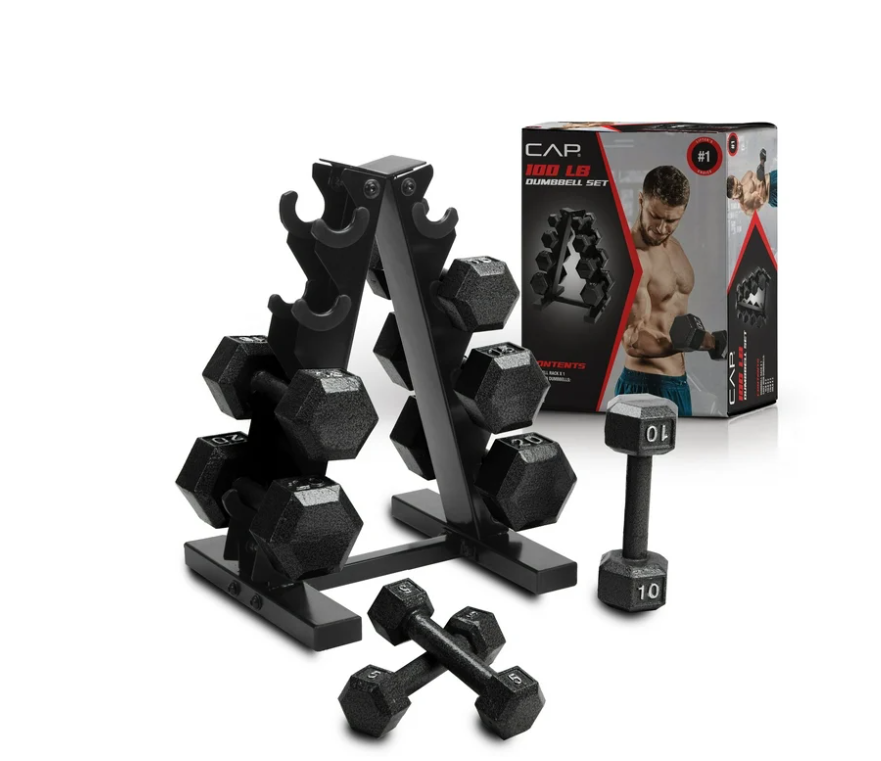 Cap Barbell 100 lb Cast Iron Hex Dumbbell Weight Set with Rack, Black