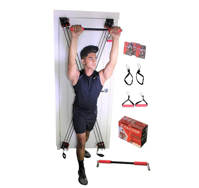 X Factor Door Gym Complete Home Fitness Set with the Straight Bar, DVD, and Workout Chart. For a full-body Workout at Home Gym