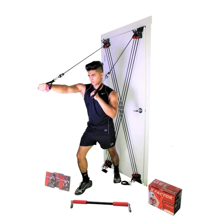 X Factor Door Gym Complete Home Fitness Set with the Straight Bar, DVD, and Workout Chart. For a full-body Workout at Home Gym