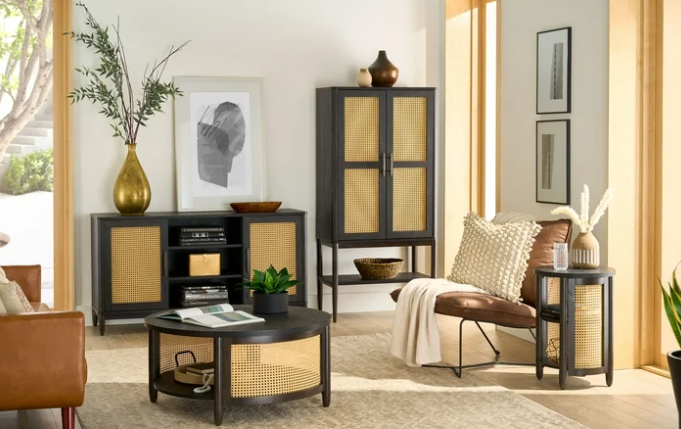 Better Homes & Gardens Springwood Caning Side Table, Charcoal Finish