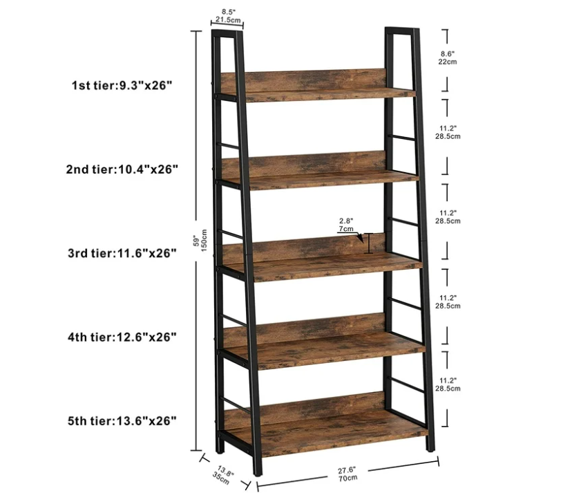 IRONCK Bookshelves and Bookcases 5 Tiers Ladder Shelf Home Office, Rustic Brown