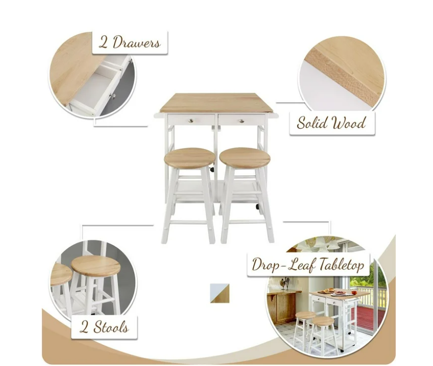 American Trails Breakfast Cart with Drop-Leaf Table, American Maple Top, Square - White