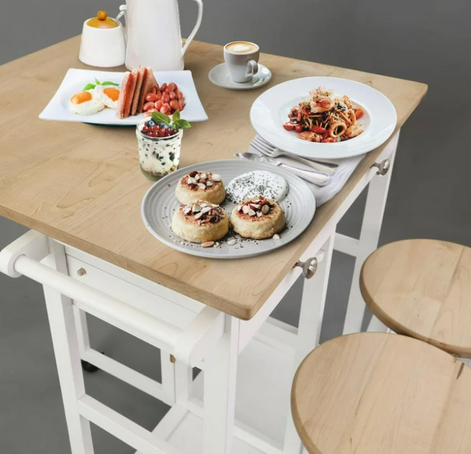 American Trails Breakfast Cart with Drop-Leaf Table, American Maple Top, Square - White