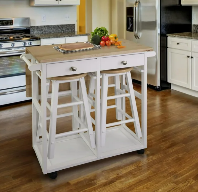American Trails Breakfast Cart with Drop-Leaf Table, American Maple Top, Square - White