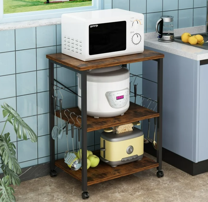 UBesGoo Kitchen Utility Cart, Microwave Table Stand, Rolling Small Kitchen Coffee Cart Organizer with Metal Frame, Vintage/Black