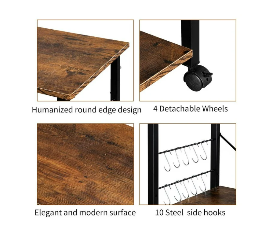 UBesGoo Kitchen Utility Cart, Microwave Table Stand, Rolling Small Kitchen Coffee Cart Organizer with Metal Frame, Vintage/Black